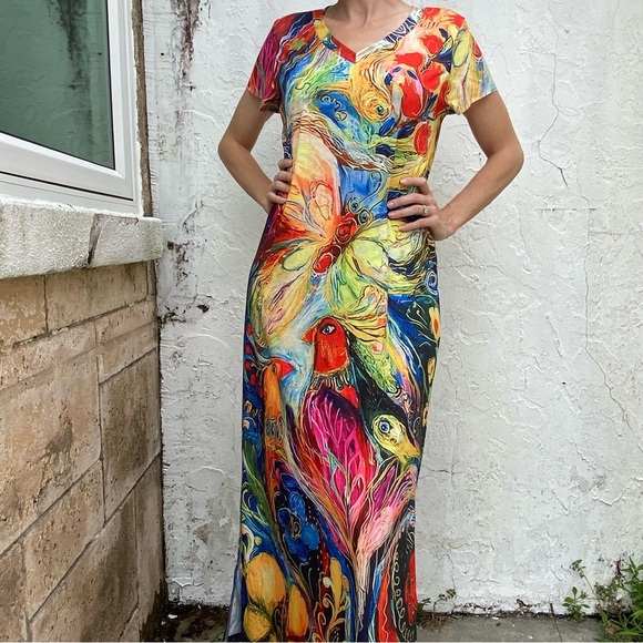 Noracora Long Maxi Peacock Multi Color Double Slit Maxi Dress! - Picture 2 of 10